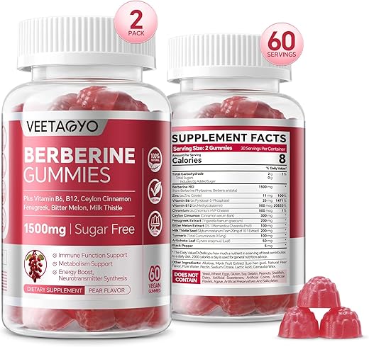 VEETAGYO - Berberine Gummies 1500mg com Canela de Ceilão, Cromo, Cúrcuma e Feno-grego para Equilíbrio Natural do Metabolismo – Berberina HCl de Berberis da Índia