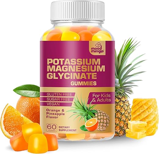 Mood Mingle - MoodMingle Gomas de Suplemento de Potássio Magnésio Glicinato – Alta Absorção – Mastigáveis de Potássio com Cálcio Vitaminas B6 B12 C D3 K2 Zinco – Vegano Sem Açúcar Sem Glúten para Crianças – 100g