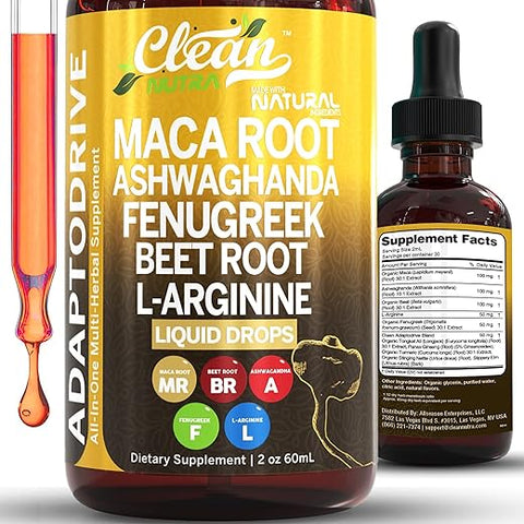 Clean Nutraceuticals - Maca Root Liquid Drops com Ashwagandha, Fenugreek, Beet Root e L-Arginine – Multivitamínico Líquido para Mulheres e Homens – Adapto Drive by Clean Nutra