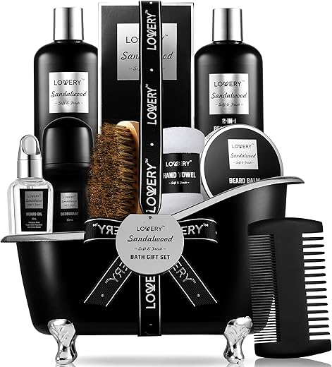 LOVERY - Kit Barba e Cuidados Corporais para Homens, Cestas de Presente de Spa de Sândalo, Kit de Banho e Cuidados com a Barba para Ele, Presentes Únicos de Aniversário para Ele com Bálsamo para Barba, Óleo de Crescimento