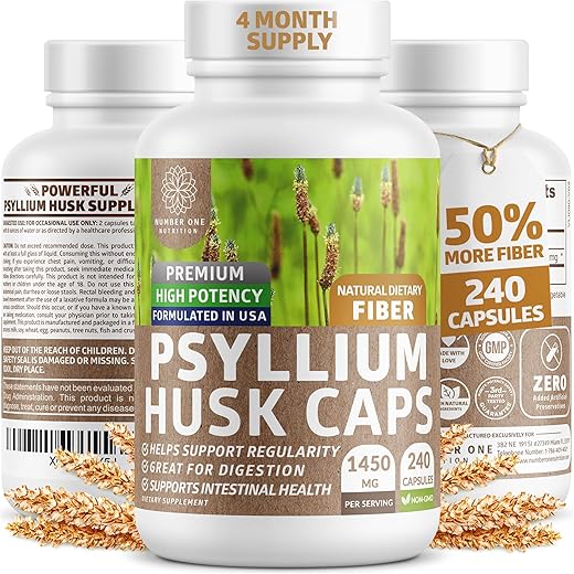 Number One Nutrition - N1N Premium Cápsulas de Casca de Psyllium [Tudo Natural, 1450 MG] Suplemento Poderoso de Fibra Solúvel para Apoiar a Regularidade e Saúde Digestiva, 240 Caps