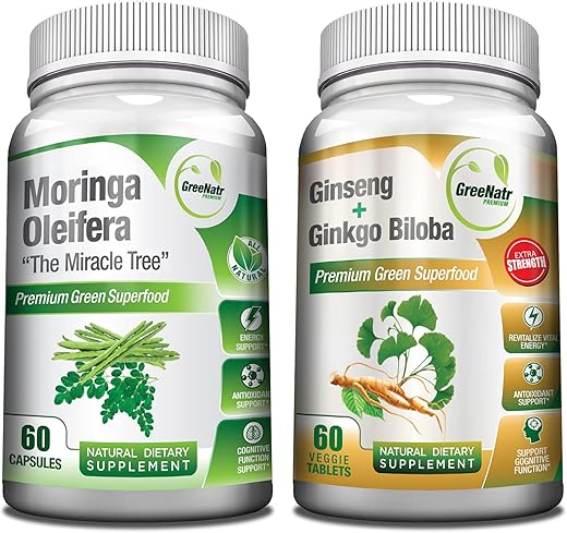 GreeNatr - Ginkgo Biloba, Panax Ginseng e Moringa – Kit de Cápsulas para Suporte Imunológico e Energia – Concentração e Foco