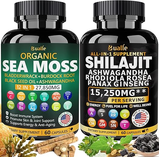 Bualle - Pacote Sea Moss e Shilajit – 60 unidades – Sea Moss 18000mg, Óleo de Semente Preta 4000mg, Ashwagandha 1000mg, Gengibre