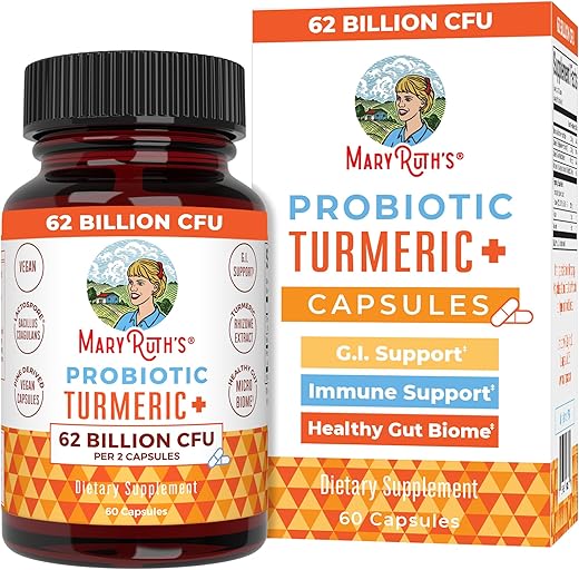 Probiótico Cúrcuma Extra Suporte GI | 62 Bilhões UFC | Ingredientes Orgânicos Complexo de Cúrcuma com Probióticos | Cápsulas de Cúrcuma Curcumina para Digestão | 62g - MaryRuth Organics