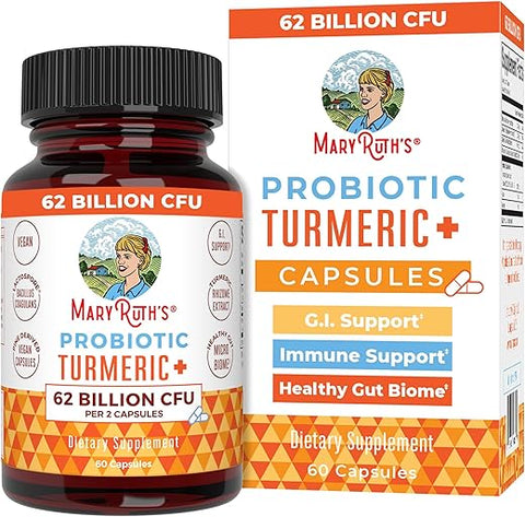 Probiótico Cúrcuma Extra Suporte GI | 62 Bilhões UFC | Ingredientes Orgânicos Complexo de Cúrcuma com Probióticos | Cápsulas de Cúrcuma Curcumina para Digestão | 62g - MaryRuth Organics
