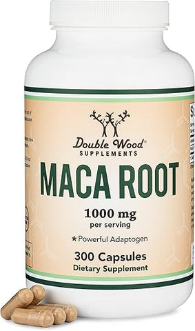 Double Wood Supplements - Cápsulas de Raiz de Maca para Mulheres e Homens, 300 Unidades (1.000mg de Pó de Maca Preta, Vermelha e Amarela por Porção) Cultivadas no Peru (para Energia, Desempenho, Motivação) por Double Wood