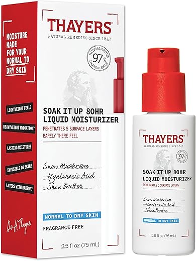 Hidratante Líquido Soak It Up 80HR, com Ácido Hialurônico e Cogumelo da Neve, Cuidados com a Pele Testados por Dermatologistas para Pele Normal a Seca, 2.5 Oz (75 ml) - THAYERS