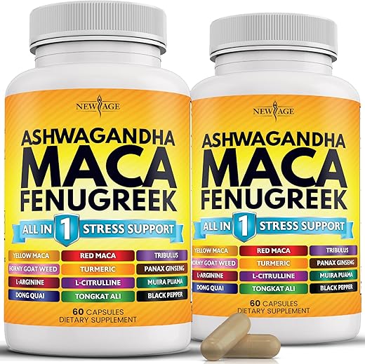 Suplemento NEW AGE Ashwagandha 5000mg Maca Root 5000mg Fenugreek 3000mg com Tongkat Ali Ginseng – Melhora o Humor Geral – Fabricado nos EUA – 120 Comprimidos
