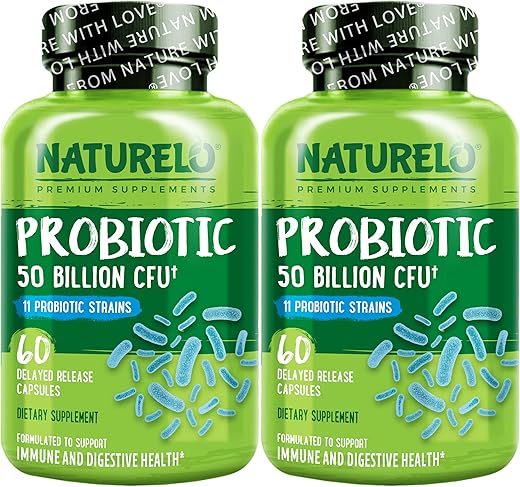 Probióticos para Saúde Digestiva – 50 Bilhões UFC, 11 Cepas, Suplemento Diário – Reforça o Sistema Imunológico, Liberação Retardada, Sem Geladeira, 60 Cápsulas Vegetarianas (2 Pacotes) - NATURELO