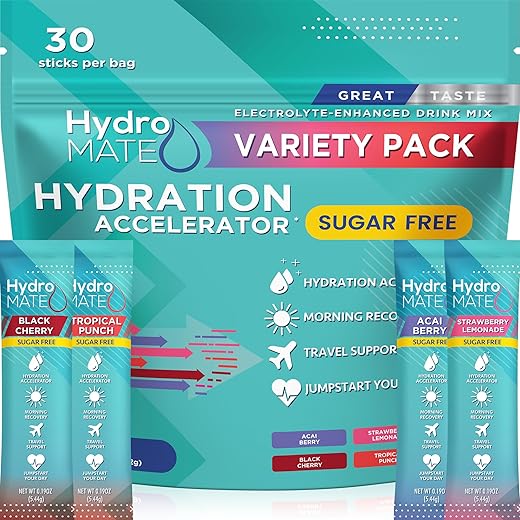 NatureWorks - Hidratação em Pó HydroMATE Sem Açúcar – Pacote com 30 Sachês de Eletrólitos e Vitamina C