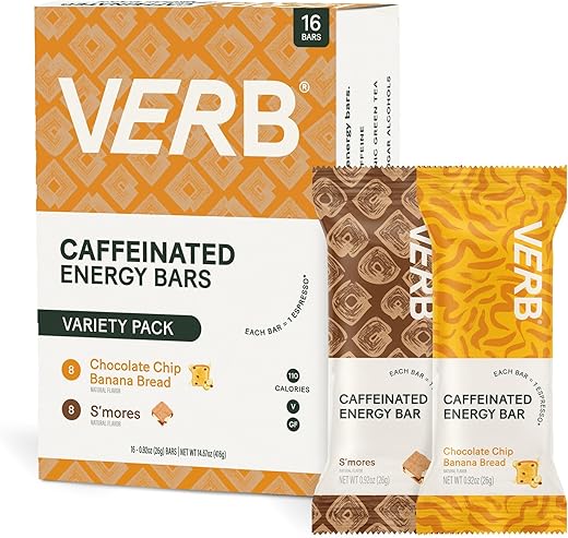 Verb Caffeinated Energy Bar - Verb Energy – Pack Sortido de Barras Energéticas com Cafeína – Barra Energética de Baixo Açúcar com 110 Calorias – Barras Nutricionais – Snacks Veganos – Barras de Café da Manhã sem Glúten com Chá Verde Orgânico, 26g