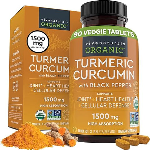 Viva Naturals - Suplemento Orgânico de Cúrcuma 1500 mg – Cápsulas de Cúrcuma para Suporte Articular e Defesa Celular – Curcumina de Cúrcuma com Pimenta Preta para Maior Absorção – Alta Potência