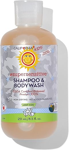 California Baby - Shampoo e Sabonete Líquido California Kids Super Sensível Sem Fragrância | 100% Natural | Cuidados Suaves para Crianças | Shampoo Sem Fragrância para Crianças | Sabonete Hipoalergênico | 251 mL