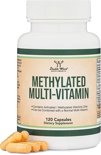 Double Wood Supplements - Methylated Multivitamin – Complexo B Metilado com TMG e Metilfolato (Suplemento MTHFR sem OGM, Sem Glúten) 120 cápsulas