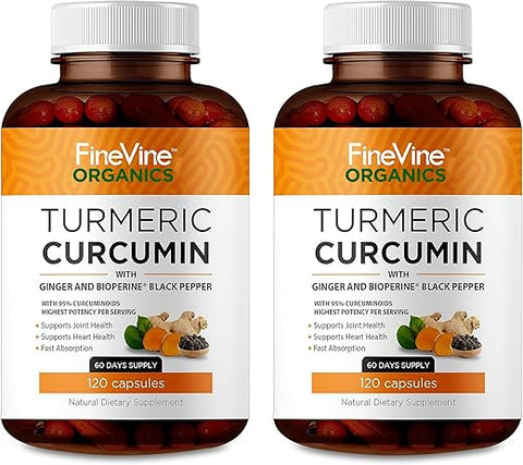 FineVine Organics - Cúrcuma Curcumina com BioPerine Pimenta Preta e Gengibre – Fabricado nos EUA – 240 Cápsulas Vegetarianas para Absorção Avançada, Suporte às Articulações