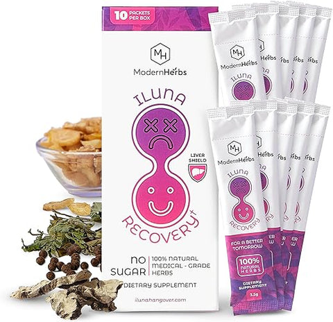 Iluna by Modern Herbs - ILUNA Recovery: Ervas Premium, Cardo Mariano, Auxílio para Celebração Pré-Festa, Limpeza, Desintoxicação, Suporte ao Fígado, Fórmula do Dr., Sinta-se Melhor na Manhã Seguinte, Força Máxima
