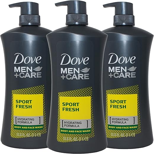 Men Care Sport Fresh Body Wash 33.8 fl oz (1L) – Fórmula Hidratante – Embalagem com Bomba (Pack com 3) - Dove