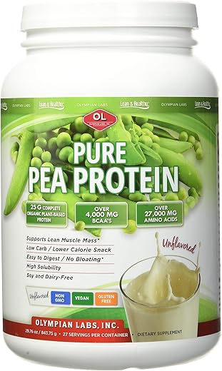 Proteína de Ervilha em Pó Vegana, Sem Sabor – 25g de Proteína, Baixo Carboidrato Líquido, Sem Glúten, Sem Lactose, Sem Açúcar Adicionado, Sem Soja, Kosher, Não-OGM, 2 Libras - Olympian Labs
