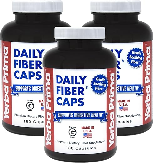 Cápsulas de Fibra Diária 180 Caps (Pacote com 3) – Suplemento de Fibra Dietética Solúvel – Limpeza do Cólon – Saúde Intestinal – Alívio da Constipação – Vegano, Não-OGM, Sem Glúten - Yerba Prima