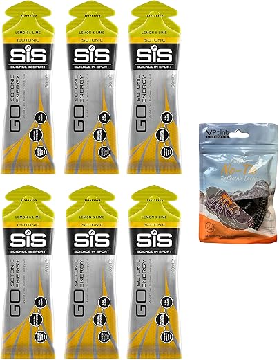 VPoint Leisure - Science in Sport GO Isotonic Energy Gels – Pack com 6 x 60ml + Cadarços Elásticos Sem Amarrar. Vegano, Sem Lactose, Sem Glúten, Sem Trigo, Sem Nozes, Sem Soja (Limão)