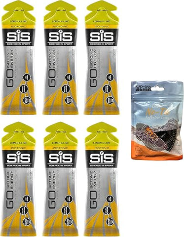 VPoint Leisure - Science in Sport GO Isotonic Energy Gels – Pack com 6 x 60ml + Cadarços Elásticos Sem Amarrar. Vegano, Sem Lactose, Sem Glúten, Sem Trigo, Sem Nozes, Sem Soja (Limão)