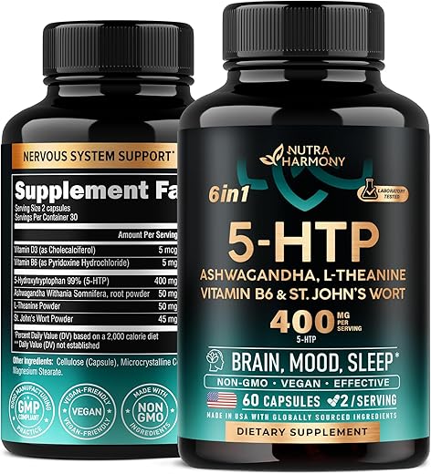 NUTRAHARMONY - 5HTP 400 mg Cápsulas – Suplemento 5-HTP Triptofano – Ashwagandha | L-Theanine | Erva de São João | Vitaminas B6 | Marca: [Nome da Marca]