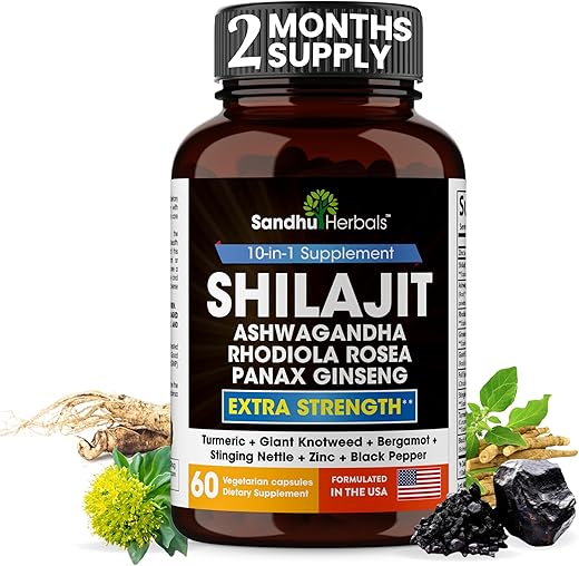 SANDHUHERBALS - Suplemento para homens Sandhu Herbals Shilajit Puro Himalaia 18000mg, 60 cápsulas com Ashwagandha 2000mg, Rhodiola Rosea 1000mg, Panax Ginseng 1500mg, Urtiga 100mg | Fabricado
