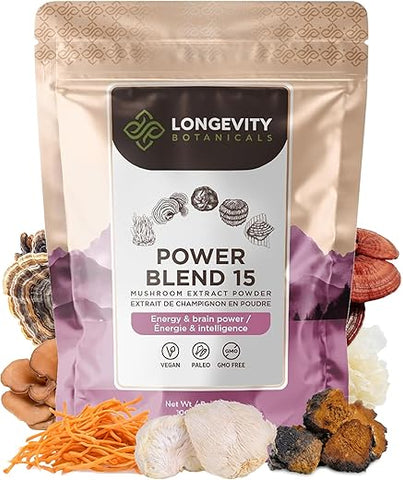 Mistura de 15 Cogumelos em Pó – Promove um Sistema Imunológico Equilibrado, Clareza Mental, Foco e Relaxamento – 100g - Longevity Botanicals