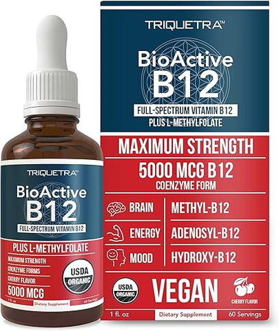 Triquetra Health - BioActive Vitamina B12 5000 mcg | Contém 3 Formas Bioativas de B12 Mais Cofator de Metilfolato – Metil B12, Adenosil B12 | 5000 mcg | 3 Formas Bioativas | Cofator de Metilfolato | Methyl B12, Adenosil B12