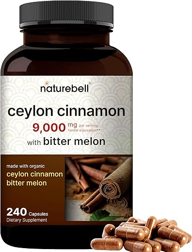 Canela do Ceilão 9.000mg por Porção, 240 Cápsulas | Feito com Canela do Ceilão Orgânica do Sri Lanka e Melão Amargo Orgânico, Suporte 2 em 1 – Não-OGM, Sem Glúten - NatureBell