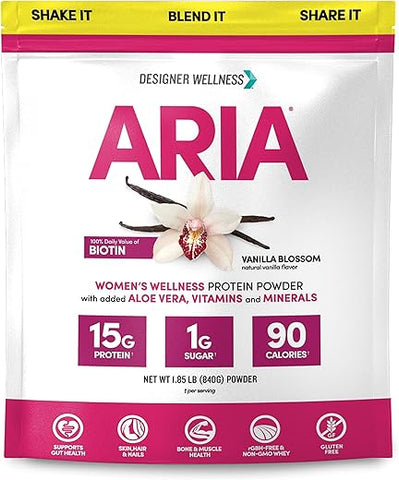 Aria – Proteína em Pó de Baixa Caloria de Baunilha para Mulheres com Biotina, Vitamina C e Aloe Orgânico – Baunilha Blossom, 1,85 Libras (840g) - Designer Wellness