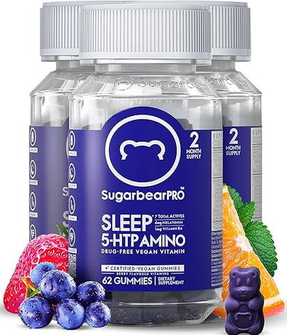 Sleep Gummy – Suplemento de Sono para Adultos com Melatonina Extra Forte 6mg, Magnésio, L-Teanina, 5 HTP, B6, Raiz de Valeriana, Melissa – Comprimido Mastigável para Dormir, Auxílio Vegano ao Sono - SugarbearPro