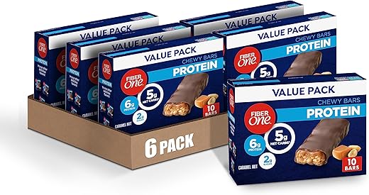 Barras de Proteína Mastigáveis, Caramelo e Nozes, Snacks Proteicos, 10 un (Pacote com 6) - Fiber One