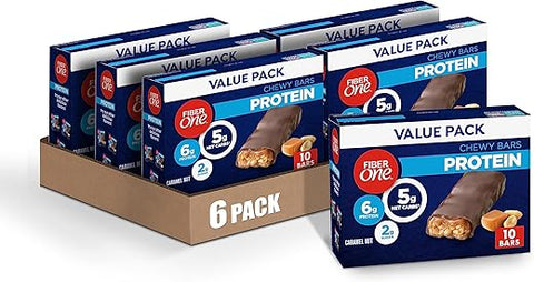 Barras de Proteína Mastigáveis, Caramelo e Nozes, Snacks Proteicos, 10 un (Pacote com 6) - Fiber One