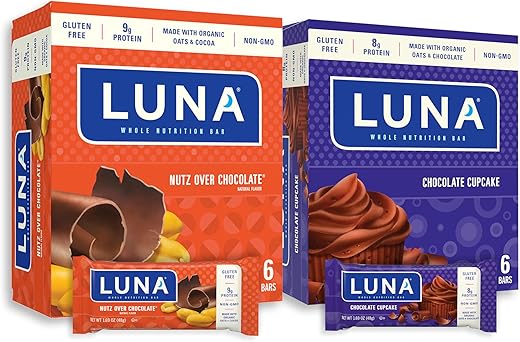 Luna Bar - LUNA Bar – Pack Sortido – Nutz Over Chocolate e Chocolate Cupcake – Sem Glúten – Não-OGM – 8-9g Proteína – Feito com Aveia Orgânica – Baixo Índice Glicêmico – 1,69 oz (12 Unidades)