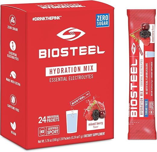 BIOSTEEL - BioSteel Hydration Mix, Sem Açúcar com Eletrólitos Essenciais, Sabor Frutas Vermelhas, 24 Pacotes Individuais