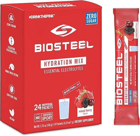 BIOSTEEL - BioSteel Hydration Mix, Sem Açúcar com Eletrólitos Essenciais, Sabor Frutas Vermelhas, 24 Pacotes Individuais