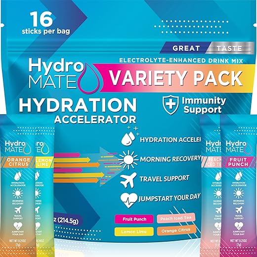 NatureWorks - Hidratante em Pó HydroMATE com Eletrólitos – Mix de Bebida Aceleradora de Hidratação com Baixo Carboidrato, Alívio para Festas e Vitamina C – Pack Variado com 16 Sticks