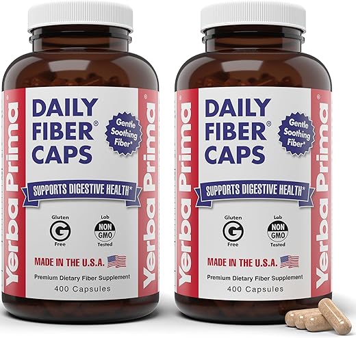 Daily Fiber Caps Formula 400 Cápsulas (Pacote com 2) – Fibra Solúvel/Insolúvel com Casca de Semente de Psyllium, Goma de Acácia, Suplemento de Fibra de Maçã - Yerba Prima