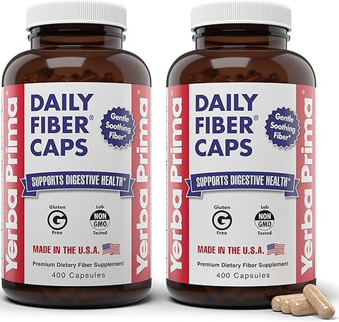Daily Fiber Caps Formula 400 Cápsulas (Pacote com 2) – Fibra Solúvel/Insolúvel com Casca de Semente de Psyllium, Goma de Acácia, Suplemento de Fibra de Maçã - Yerba Prima