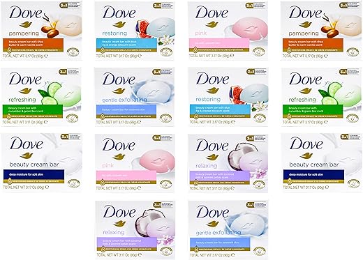 Sabonete em Barra Pack com 14 Unidades – Variedade Go Fresh, Manteiga de Karité, Leite de Coco – 90g (7 Aromas, 2 de Cada) - Dove