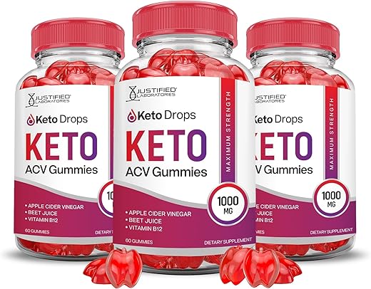 Justified Laboratories - (3 Pack) Gomas Keto Drops ACV Keto Avançado 1000MG Fórmula Avançada Gomas Keto Drops Keto Vinagre de Maçã Formulado com Romã e Beterraba em Pó B12 Vegano Não GMO 180 Gomas
