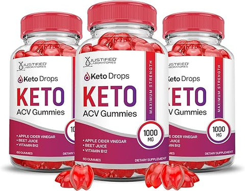 Justified Laboratories - (3 Pack) Gomas Keto Drops ACV Keto Avançado 1000MG Fórmula Avançada Gomas Keto Drops Keto Vinagre de Maçã Formulado com Romã e Beterraba em Pó B12 Vegano Não GMO 180 Gomas