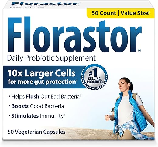 Probiótico Diário para Mulheres e Homens, Suporte Comprovado à Saúde Digestiva, Saccharomyces Boulardii CNCM I-745 (50 Cápsulas) - Florastor