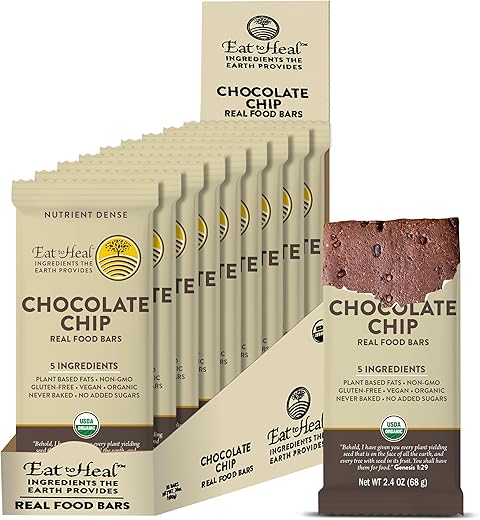 Barra de Chocolate Chip EatToHeal – Orgânica Vegana Saudável Sem Glúten – Barras de Proteína com Baixo Teor de Açúcar para Substituição de Refeição – Não Transgênico, Não Assado, à Base de Plantas – Criado para Desfrutar