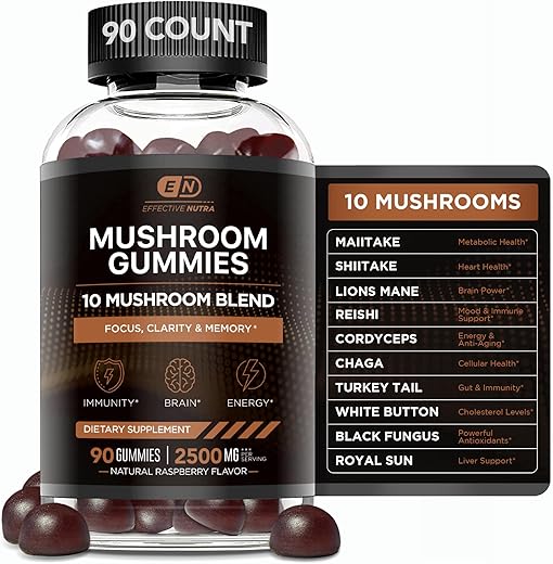 EFFECTIVE NUTRA - Mushroom Gummies 10 Blend – Complexo de Cogumelos 2500mg – Impulsionador Cerebral, Suporte Imunológico, Energia – Suplemento de Cogumelos para Homens