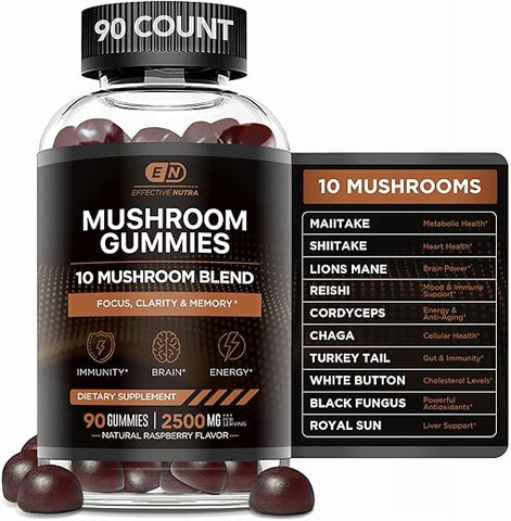 EFFECTIVE NUTRA - Mushroom Gummies 10 Blend – Complexo de Cogumelos 2500mg – Impulsionador Cerebral, Suporte Imunológico, Energia – Suplemento de Cogumelos para Homens