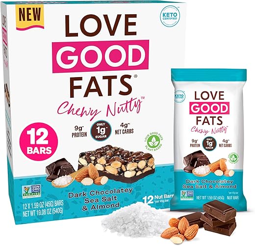 LOVE GOOD FATS - Barras de Proteína Keto à Base de Plantas Love Good Fats – Chocolate Amargo, Sal Marinho e Amêndoas – 13g de Gorduras Boas, 9g de Proteína, 4g de Carboidratos Líquidos, 1g de Açúcar, Sem Glúten, Não-OGM – Dark