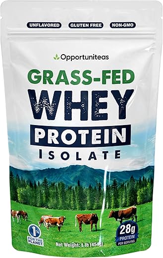 Proteína Isolada de Soro de Leite de Vacas Alimentadas com Capim – Sem Sabor 28g de Proteína em Pó sem Adoçantes Artificiais, Livre de Hormônios, Não-OGM – 454g - Opportuniteas