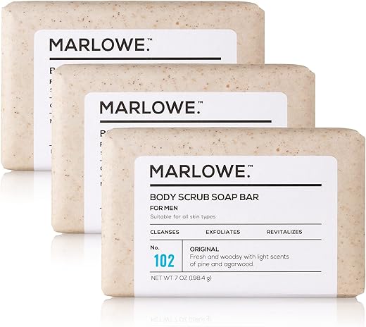 MARLOWE. - Sabonete Esfoliante Corporal para Homens No. 102 200g (3 Barras) Fragrância Fresca Original de Madeira, Melhor Barra Esfoliante para Homens, Ingredientes Naturais, Pó de Semente de Damasco, Manteiga de Karité, Óleo de Oliva, Verde